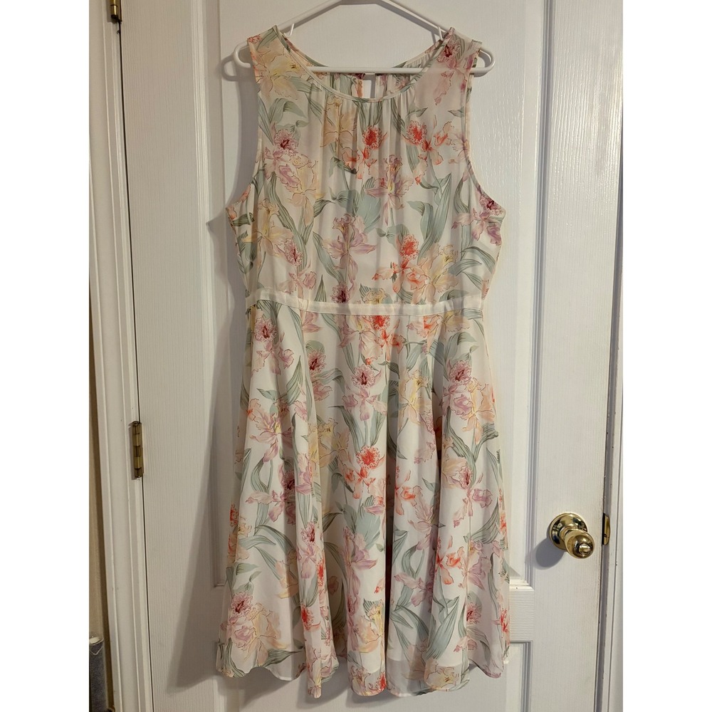 Ann Taylor Factory Dress Womens 16 White Floral Excellent Sleeveless Fit Flare